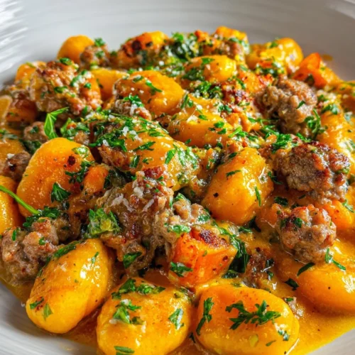 Creamy butternut squash gnocchi served with sausage, garnished with herbs