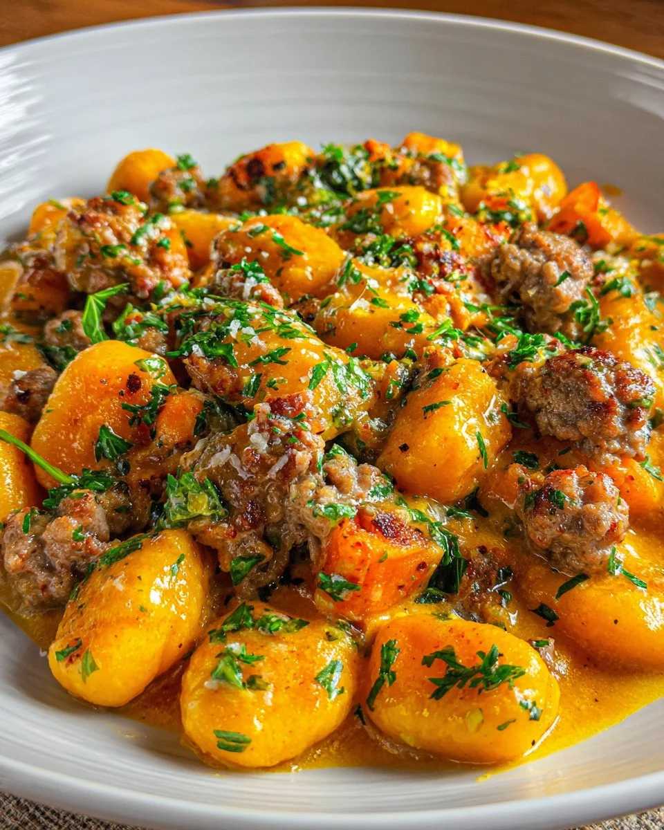 Creamy butternut squash gnocchi served with sausage, garnished with herbs