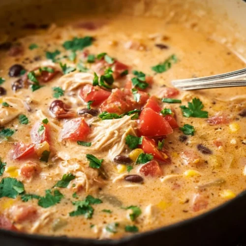 Bowl of creamy chicken taco soup garnished with cilantro and cheese