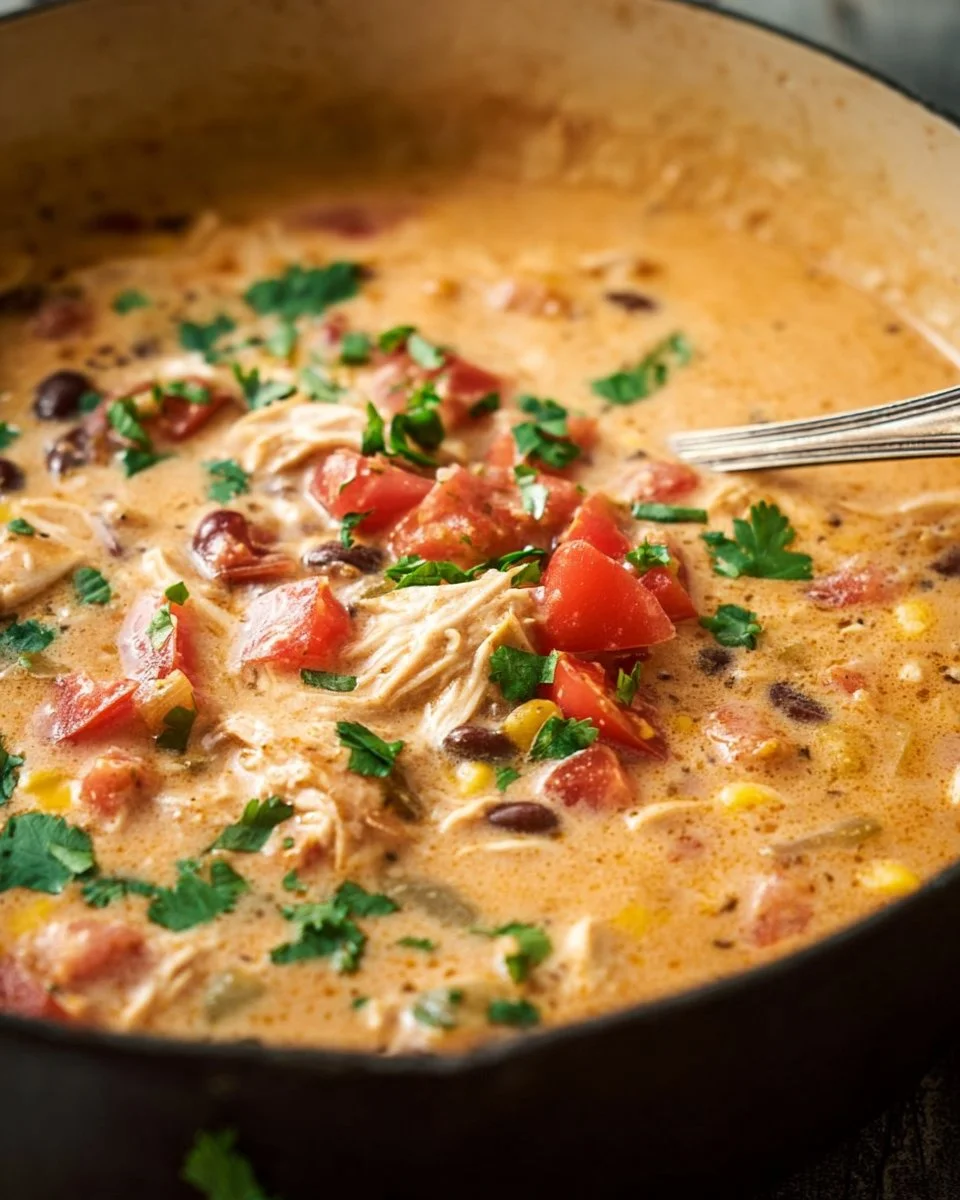Bowl of creamy chicken taco soup garnished with cilantro and cheese