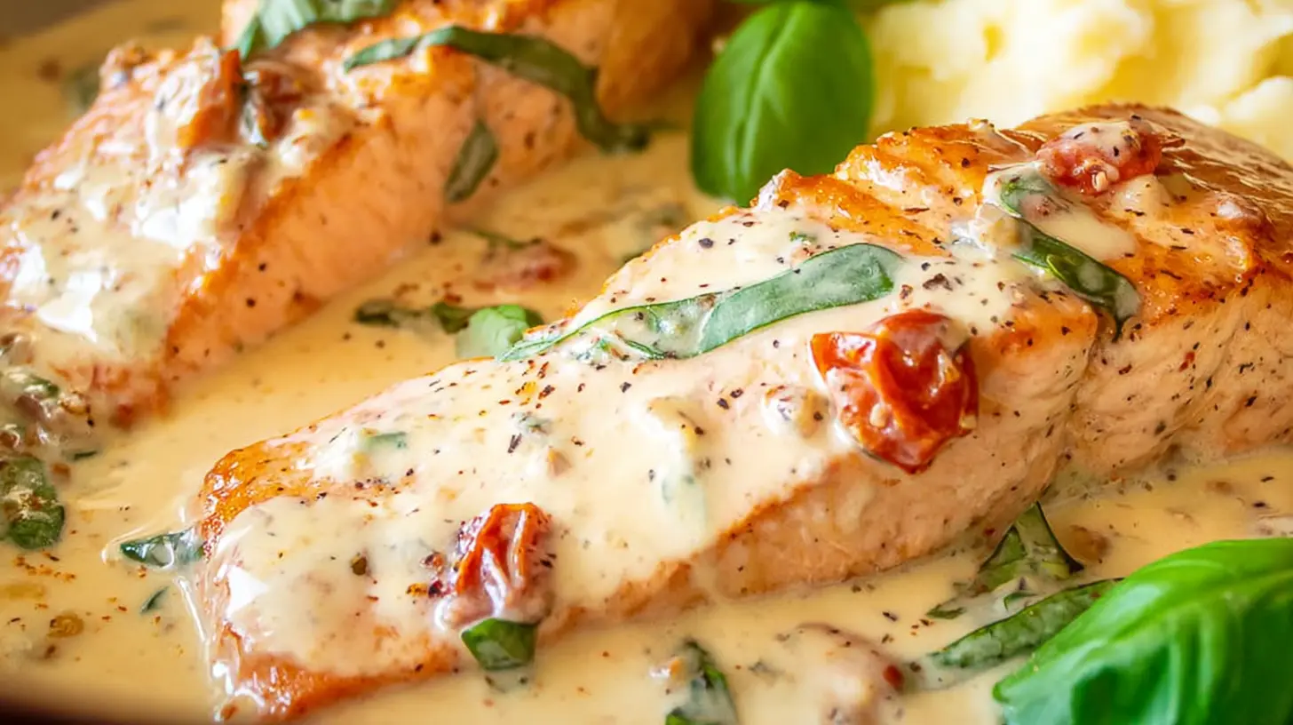 Close-up of succulent Marry Me Garlic Butter Salmon in a rich, creamy sauce.