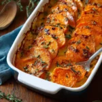Creamy garlic butter sweet potato bake dish, garnished and ready to serve.