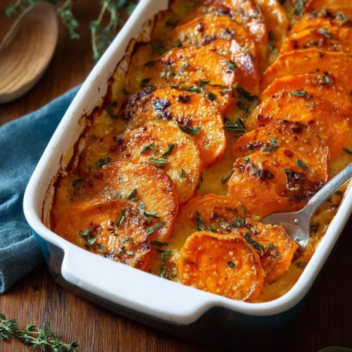Creamy garlic butter sweet potato bake dish, garnished and ready to serve.