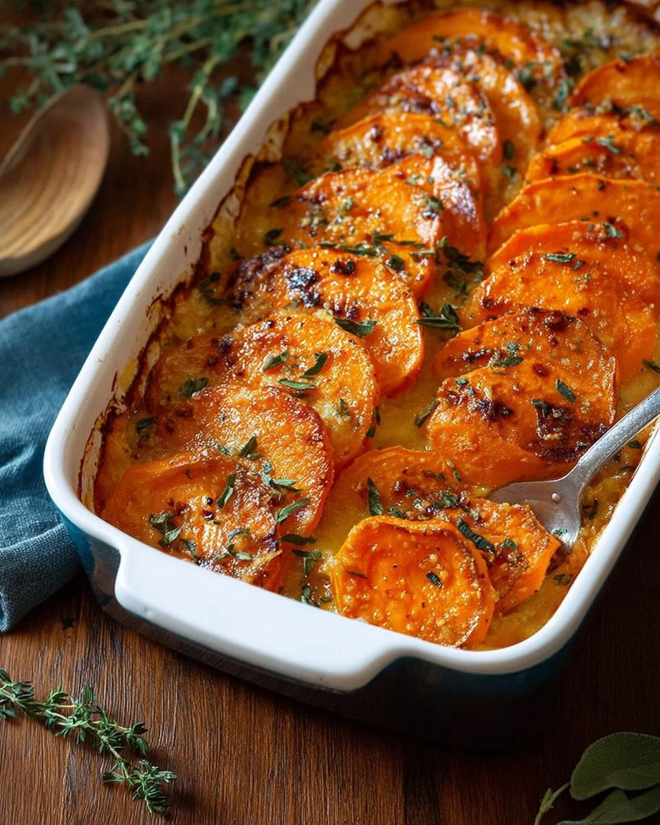 Creamy Garlic Butter Sweet Potato Bake