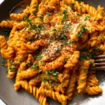 Creamy Gochujang Pasta topped with fresh herbs in a bowl