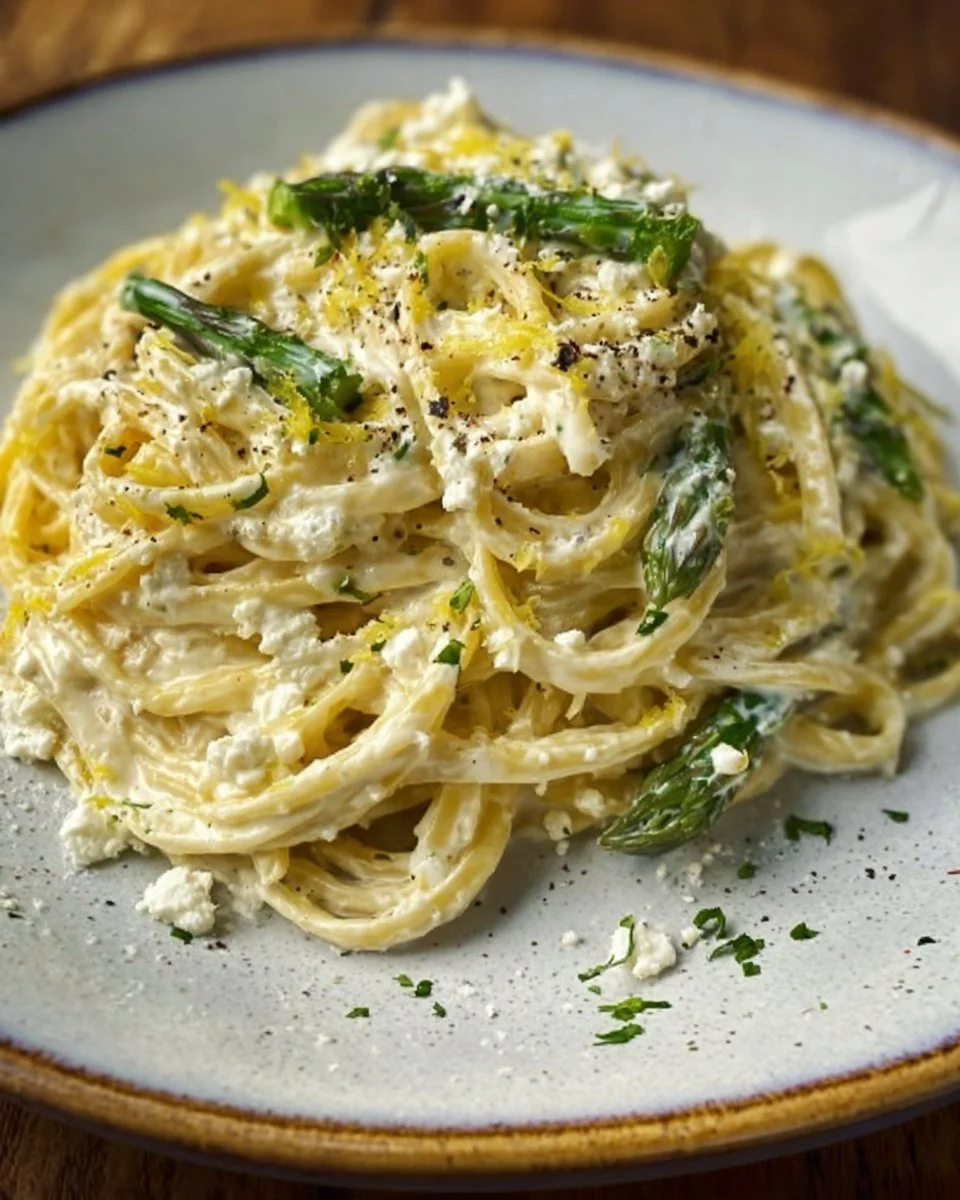 Creamy lemon feta pasta dish served in a bowl with herbs and lemon slices