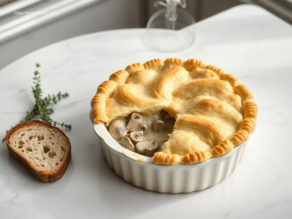 Delicious Creamy Mushroom Chicken Pot Pie in a ceramic bowl