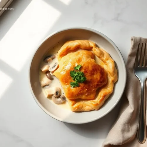 Delicious Creamy Mushroom Chicken Pot Pie in a ceramic bowl