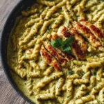 Creamy pesto sauce pasta served in a bowl with fresh basil and cheese