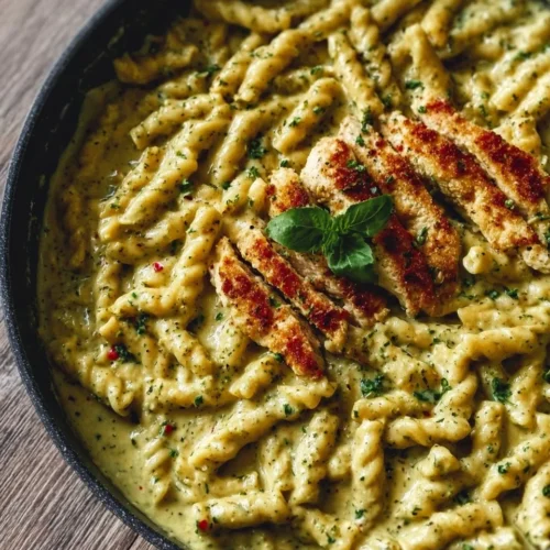 Creamy pesto sauce pasta served in a bowl with fresh basil and cheese