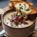 Bowl of creamy Reuben soup garnished with fresh herbs and served with rye bread.