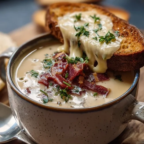 Bowl of creamy Reuben soup garnished with fresh herbs and served with rye bread.