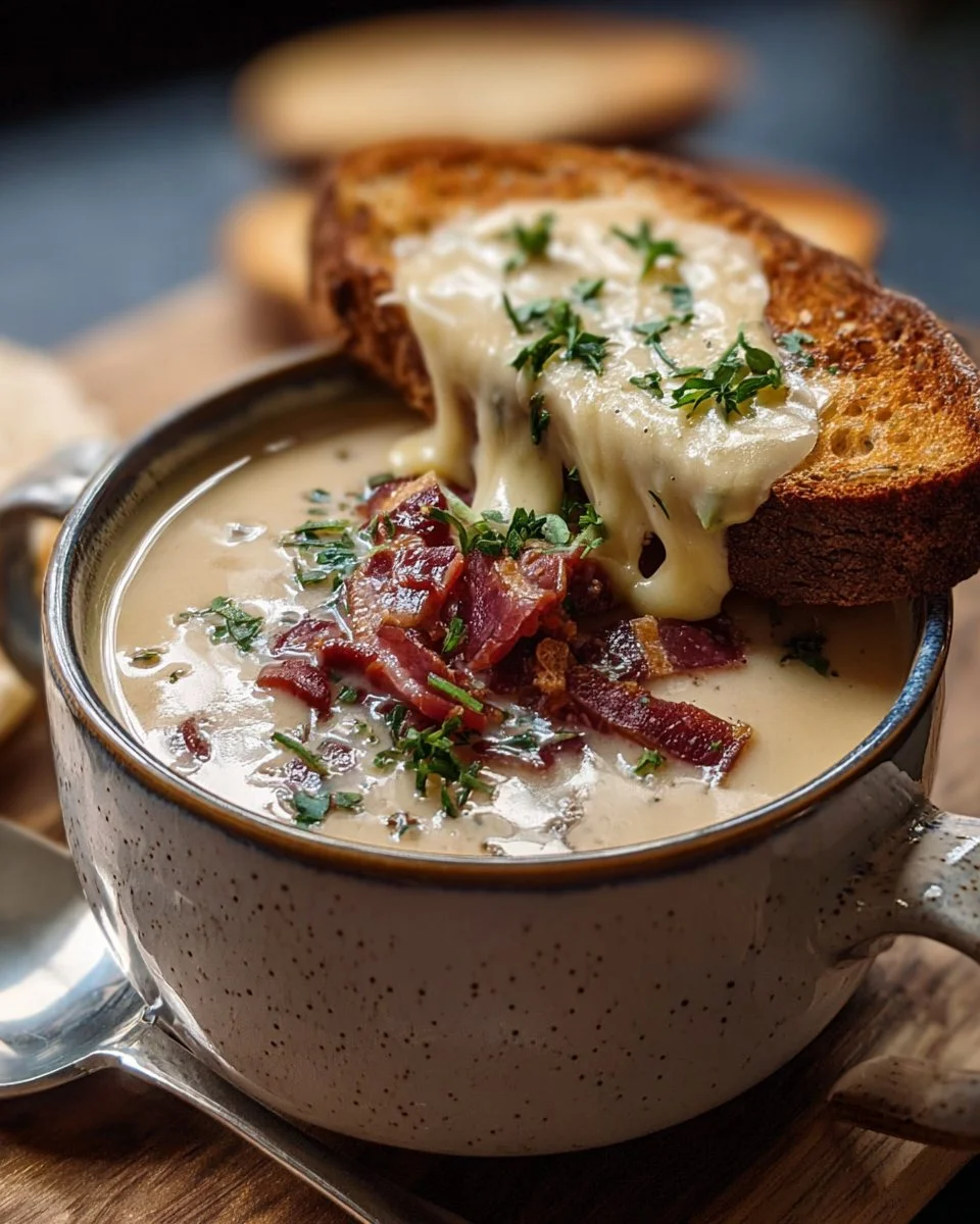 Bowl of creamy Reuben soup garnished with fresh herbs and served with rye bread.