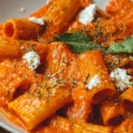 Plate of creamy rigatoni with tomato sauce garnished with fresh basil