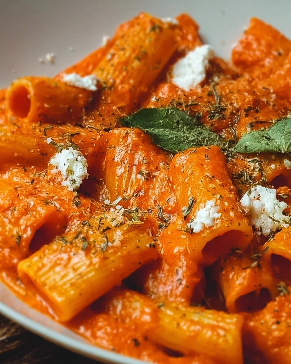 Plate of creamy rigatoni with tomato sauce garnished with fresh basil