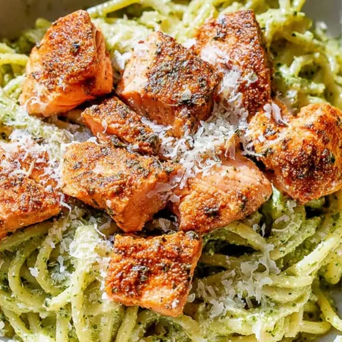 A bowl of creamy salmon pesto pasta topped with fresh herbs.