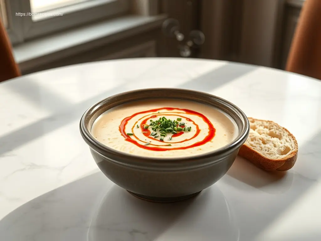 Delicious Creamy Shrimp Bisque Starter on white marble