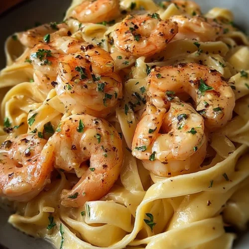 Creamy shrimp fettuccine pasta dish topped with herbs.