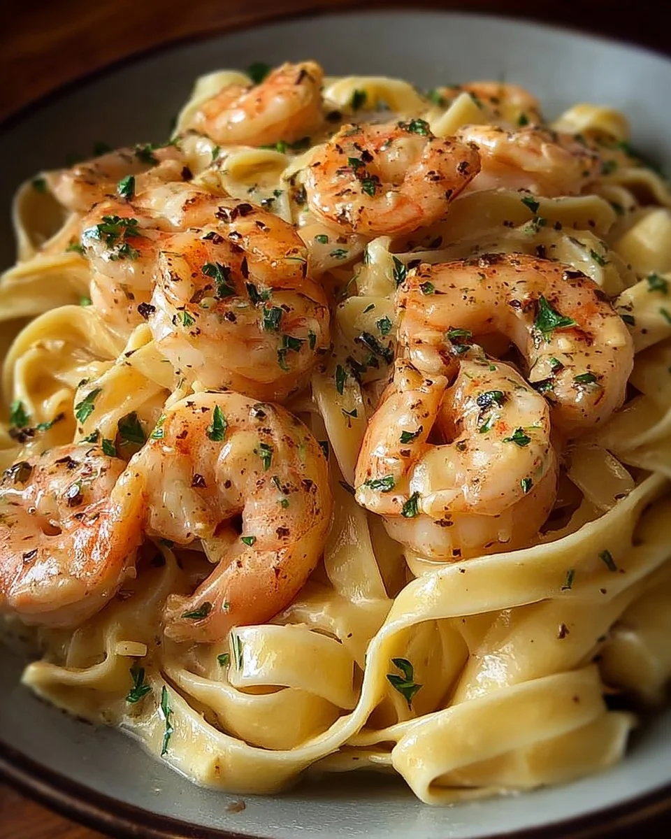 Creamy shrimp fettuccine pasta dish topped with herbs.