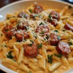 Creamy smoked sausage pasta dish topped with herbs and cheese