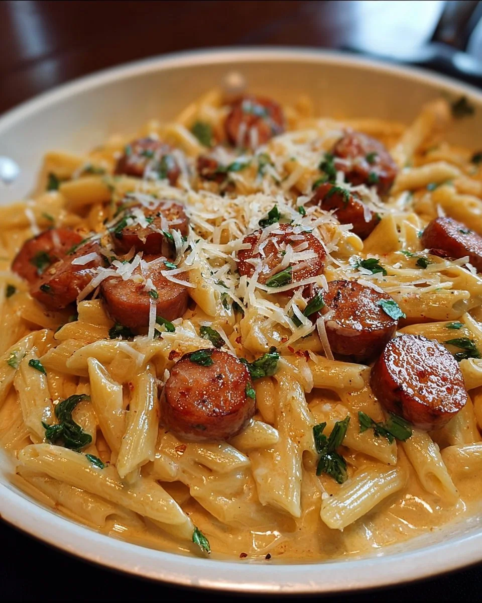 Creamy smoked sausage pasta dish topped with herbs and cheese