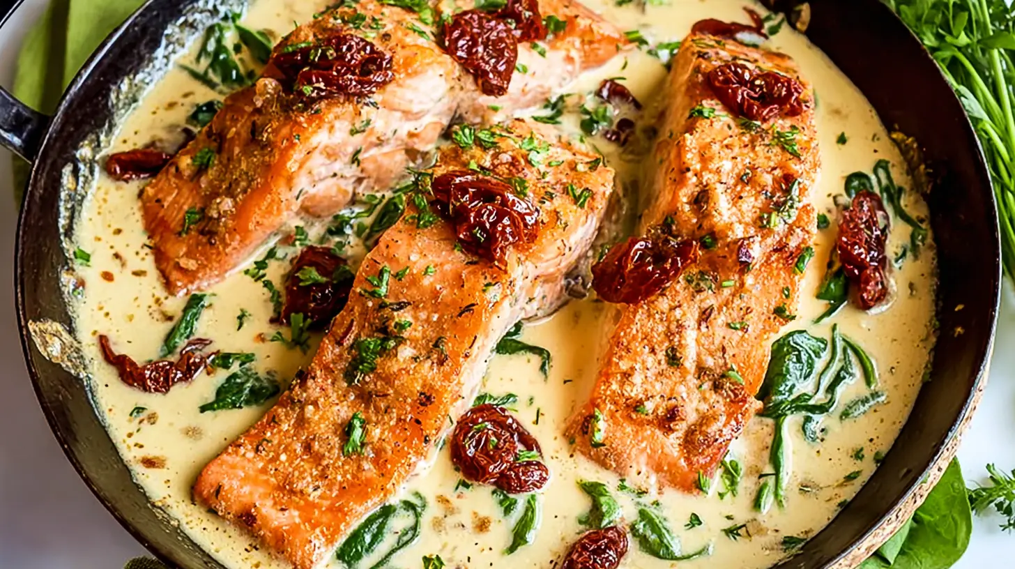 Two portions of Tuscan salmon on plates, garnished with fresh basil and herbs.