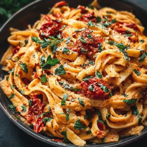 Creamy vegan sun-dried tomato pasta served in a bowl with fresh basil.