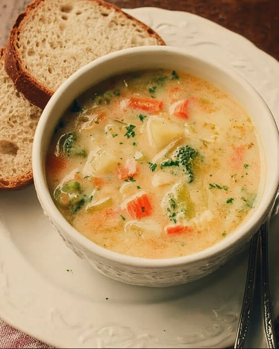 Delicious creamy vegetable soup with fresh vegetables in a bowl