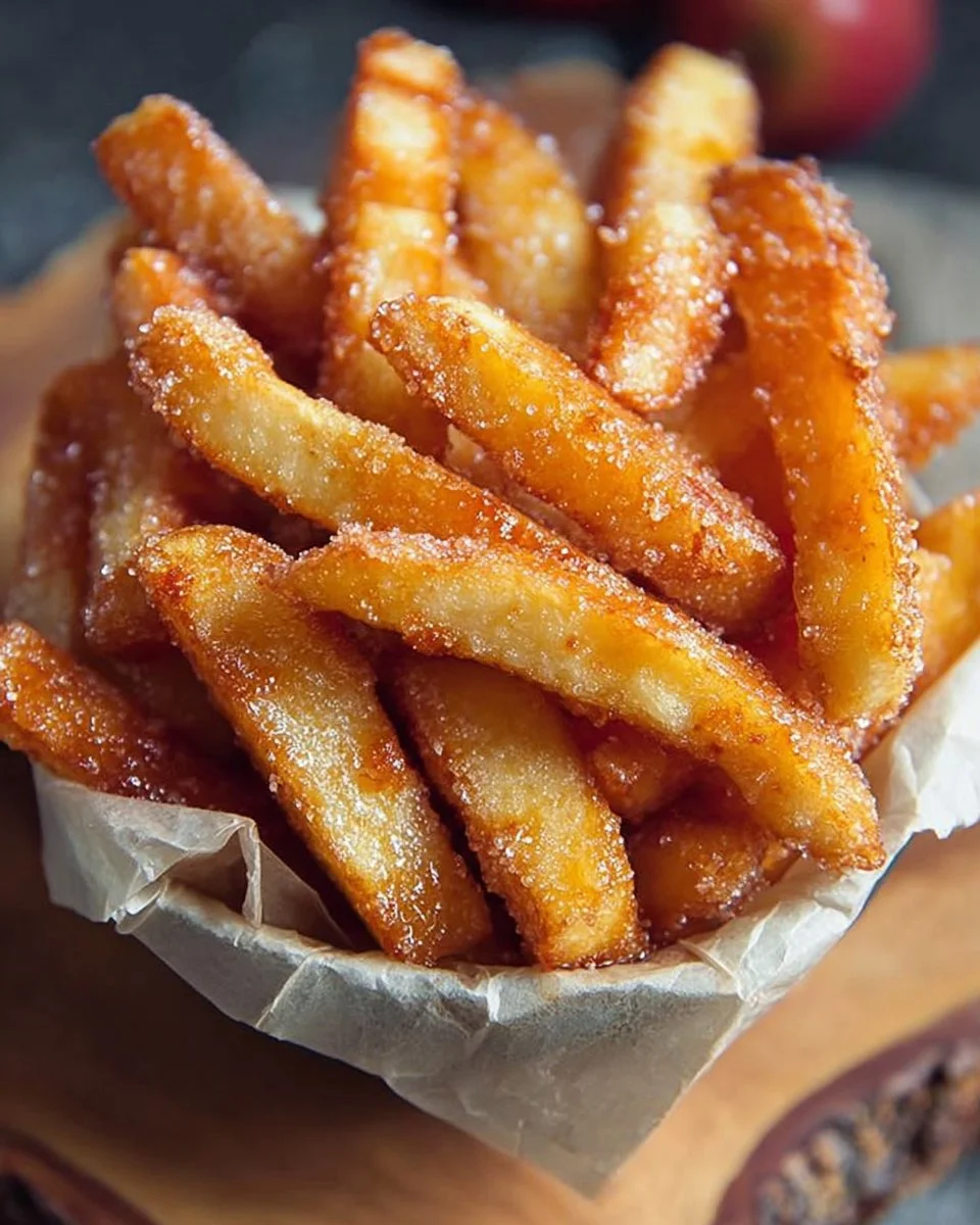 Crispy apple fries made in an air fryer, served as a healthy snack
