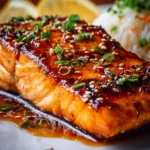 Crispy honey garlic glazed salmon with vibrant vegetables on a plate