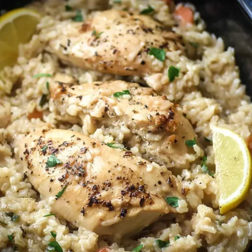 A bowl of Crock Pot Chicken And Rice with carrots and peas.