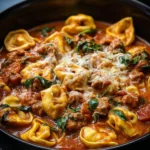 Creamy Crockpot Cheese Tortellini with sausage served in a bowl