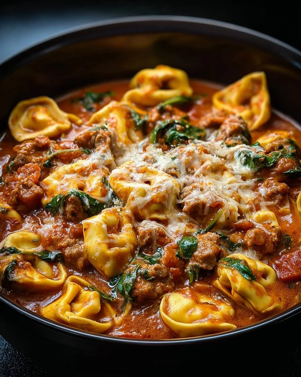 Creamy Crockpot Cheese Tortellini with sausage served in a bowl