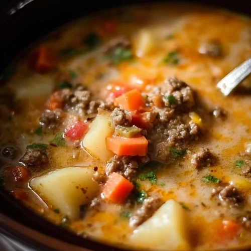A bowl of hearty Crockpot Cheeseburger Soup topped with cheese and herbs.