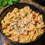 CrockPot Chicken Tortellini dish with creamy sauce and fresh herbs