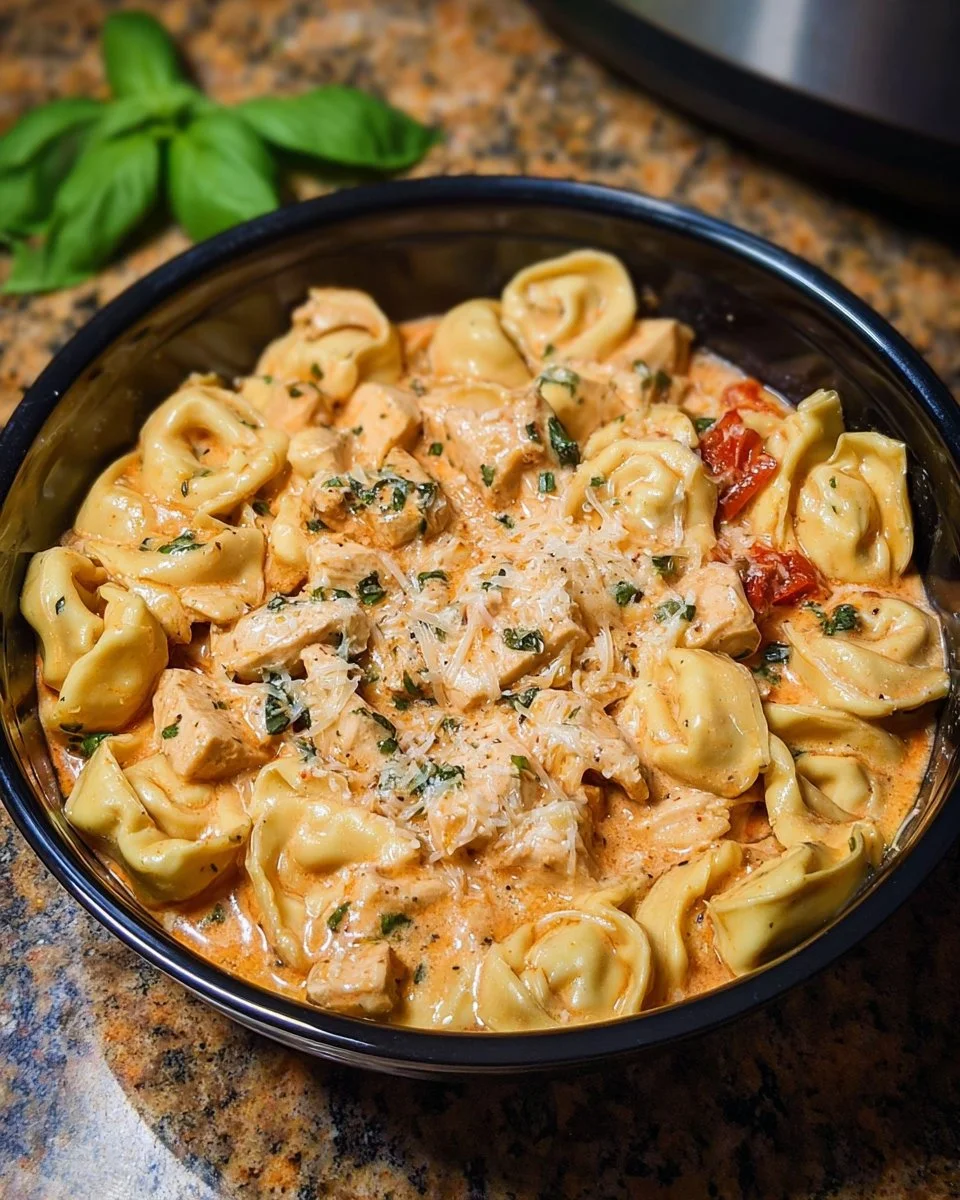 CrockPot Chicken Tortellini dish with creamy sauce and fresh herbs