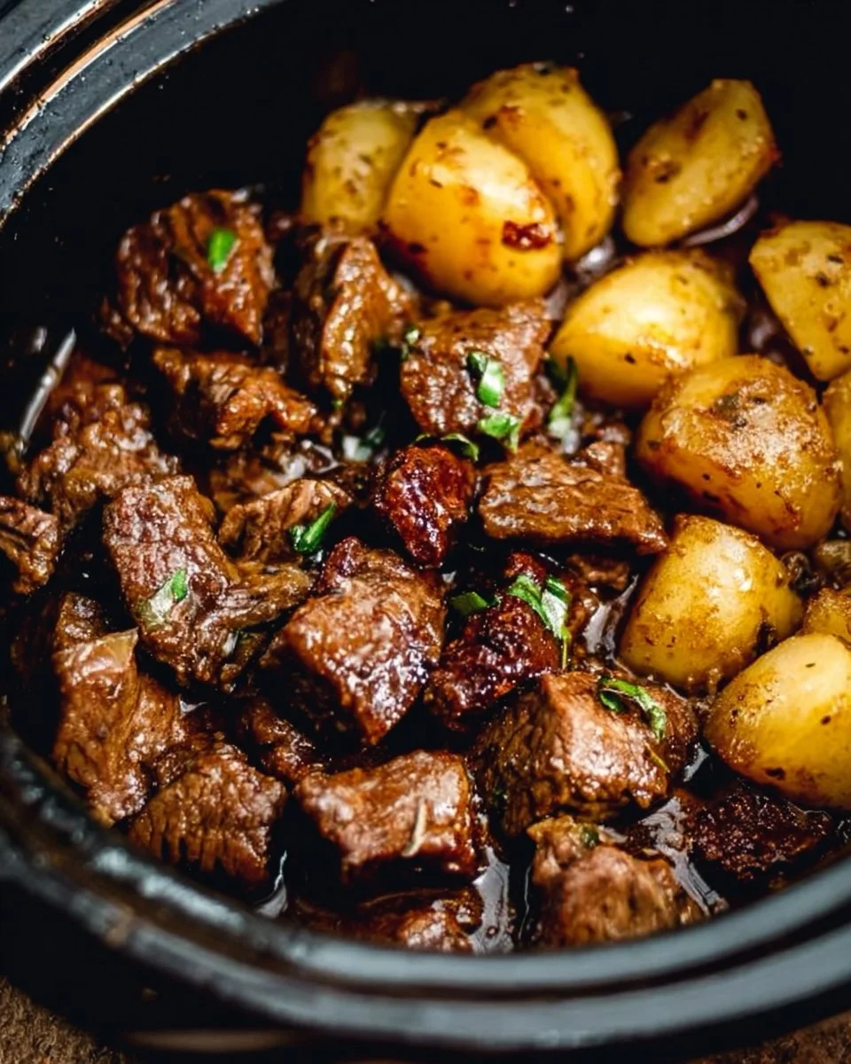 Crockpot Garlic Butter Beef Bites with Potatoes
