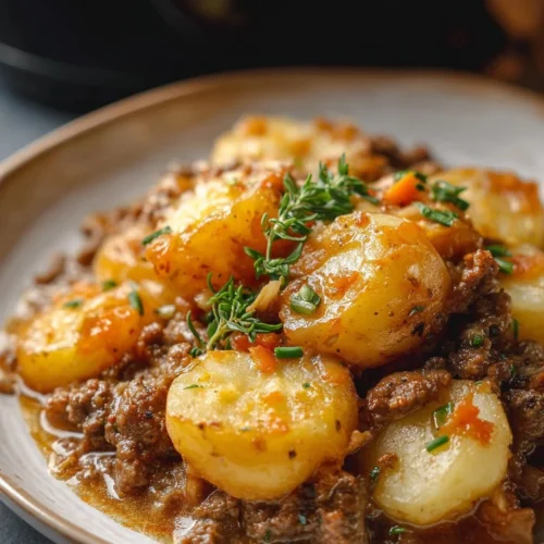 Delicious Crockpot Hamburger Potato Casserole dish served in a bowl