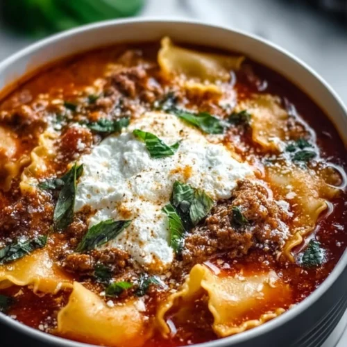 Bowl of warm Crockpot Lasagna Soup topped with cheese and herbs