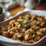 Grandma's Thanksgiving stuffing served in a bowl, ready for the holiday feast.