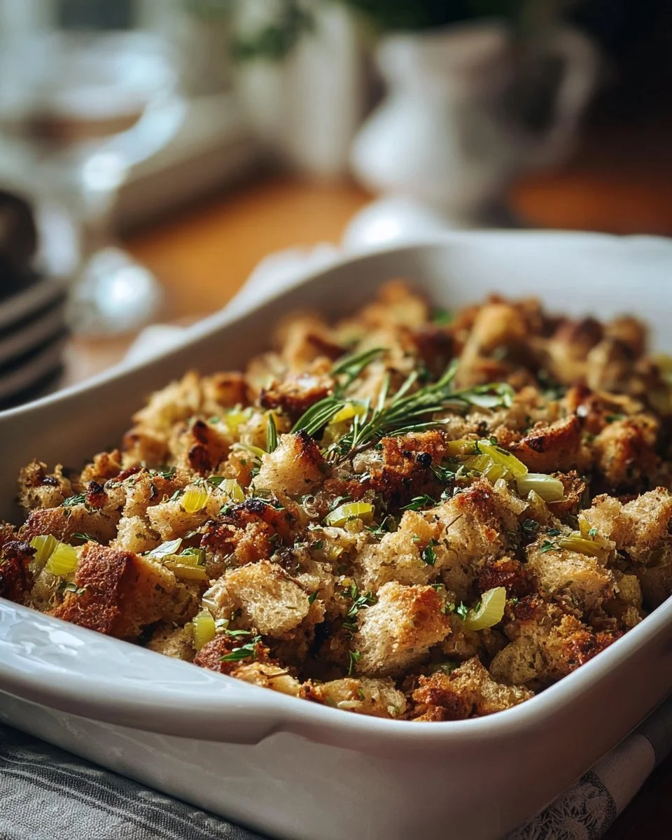 Grandma's Thanksgiving stuffing served in a bowl, ready for the holiday feast.