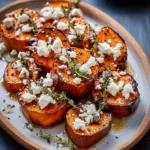 Honey feta sweet potato rounds topped with fresh herbs.