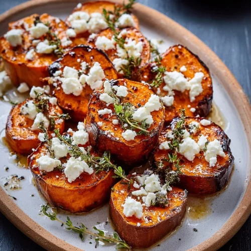 Honey feta sweet potato rounds topped with fresh herbs.