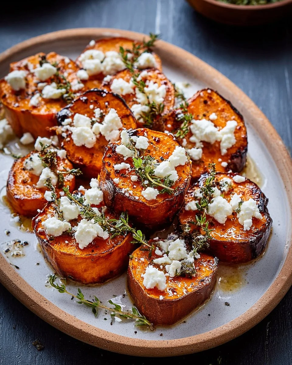 Honey feta sweet potato rounds topped with fresh herbs.