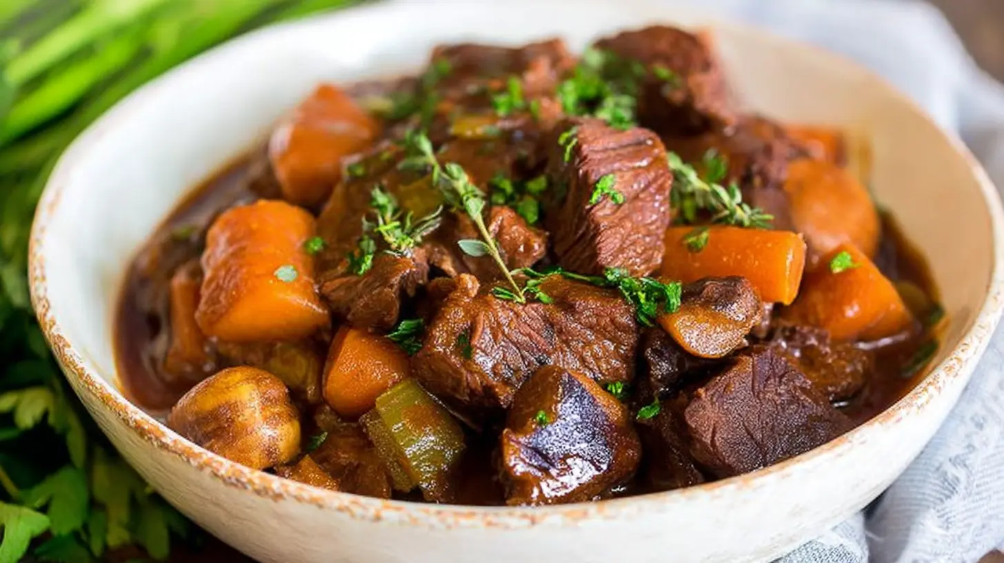 Close-up of tender Beef Bourguignon made in a slow cooker, garnished with herbs.