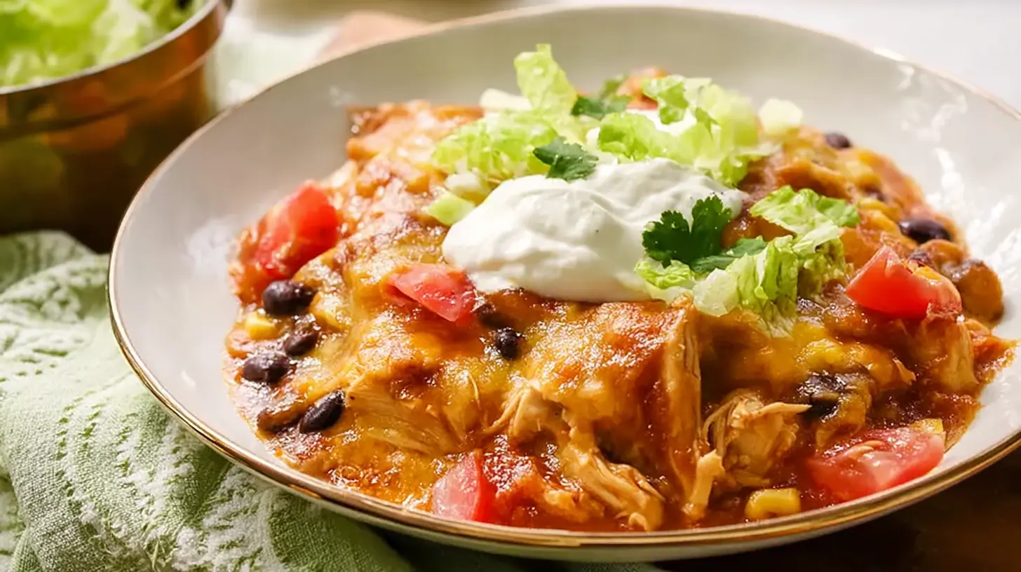 Delicious slow cooker chicken enchilada casserole, garnished with fresh cilantro.