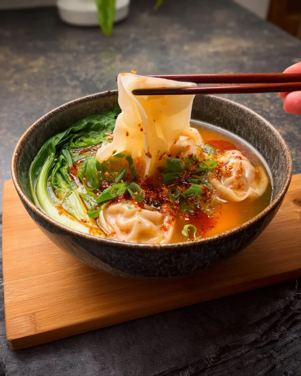 Delicious bowl of easy dumpling soup with fresh ingredients