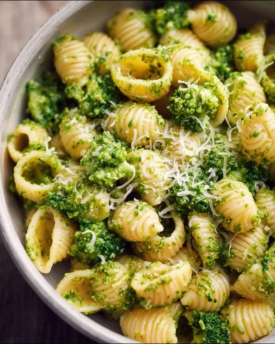 Delicious bowl of easy healthy broccoli pasta with vibrant green broccoli florets.