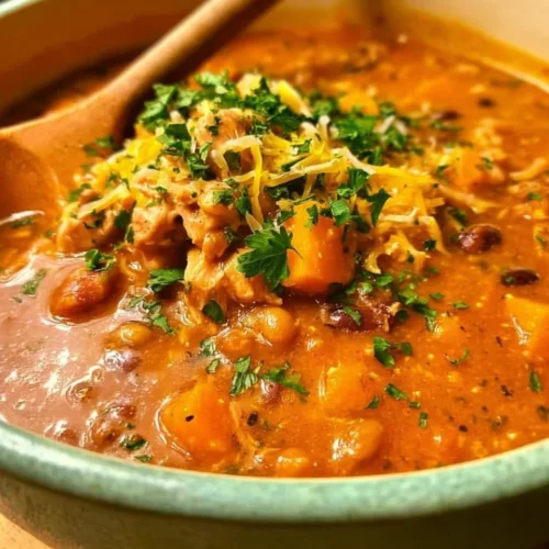 A bowl of easy pumpkin chicken chili topped with cilantro and served warm.