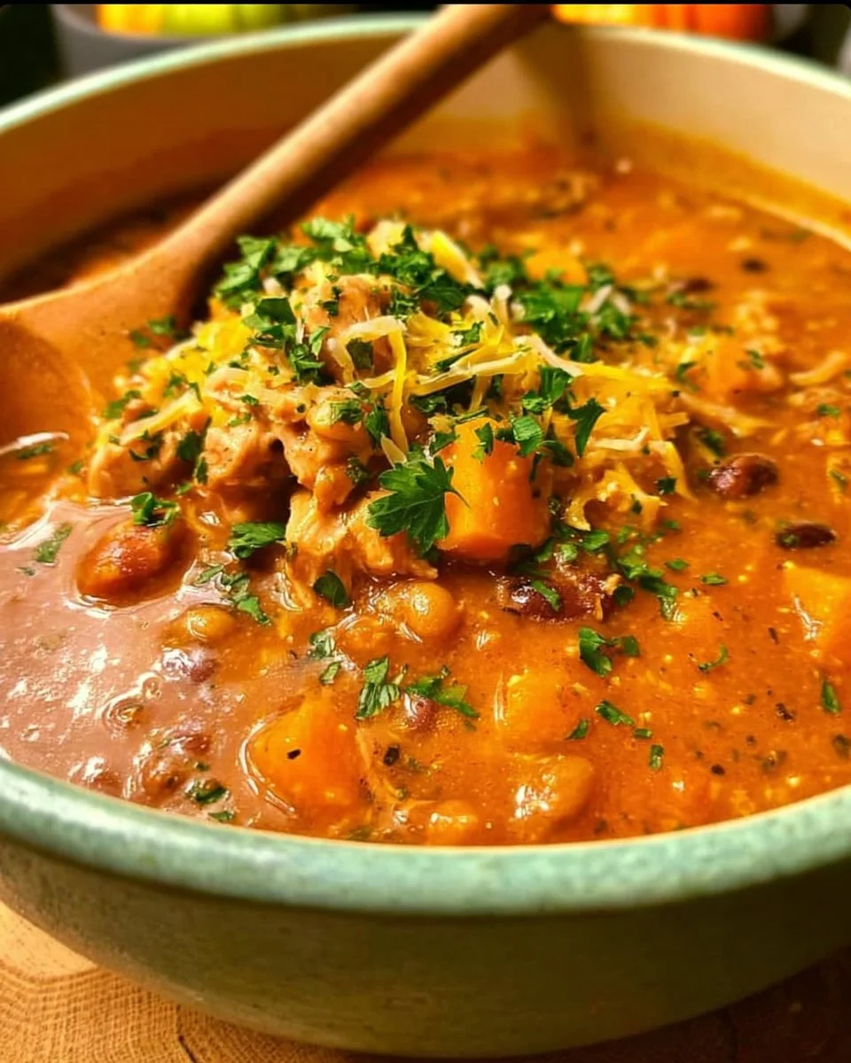 A bowl of easy pumpkin chicken chili topped with cilantro and served warm.